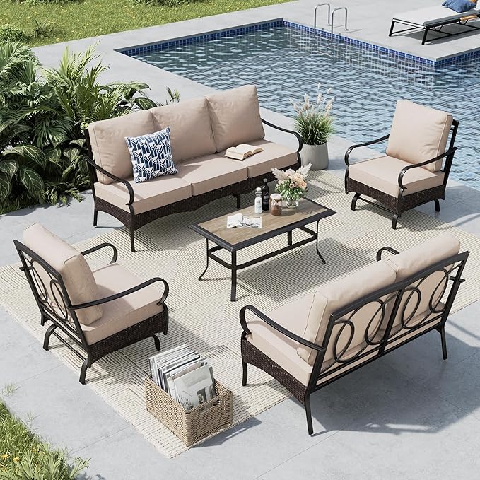 MFSTUDIO 5 PCS Outdoor Patio Furniture Set, Metal Outdoor Conversation Set, Rattan Wicker Patio Sectional Sofa Set with 2 x Rocking Single Sofa, 2-Seat and 3-Seat Sofa, 1 x Coffee Table, Beige