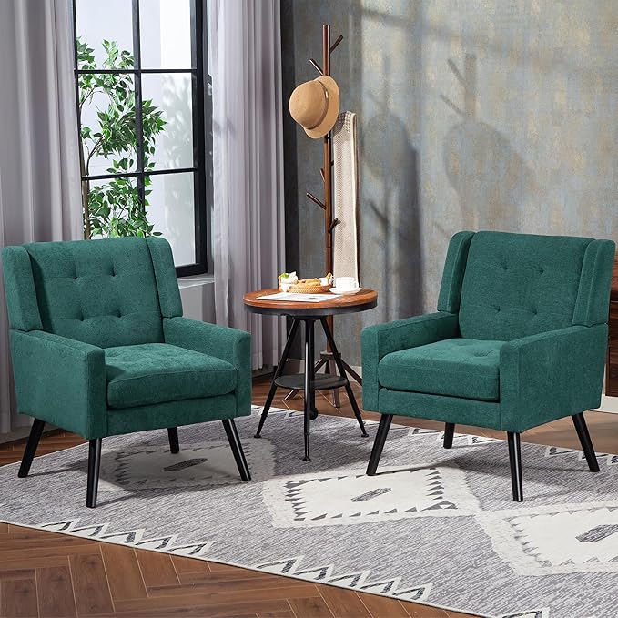 Mid-Century Modern Accent Chair Set of 2, Plush Linen Fabric with Button Tufted High Back & 5" Thick Cushion, High Comfort Reading Chair for Living Room, Bedroom, Office (Green)