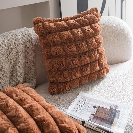 Neelvin Brown Faux Fur Cozy Soft Plaid Decorative Throw Pillow Covers 18x18 inch Set of 2,Velvet Pillowcase Cushion Case for Sofa Couch
