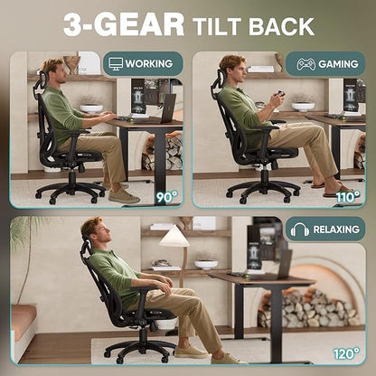 ELABEST T23 Ergonomic Office Chair with 2D Lumbar Support & 3D Headrest, High Back Mesh Swivel Chair with Adjustable 3D Armrests, Breathable Computer Desk Chair for Long Hour Sitting (Graphite Black)