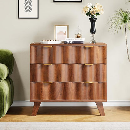 3 Drawer Dresser, Fluted Chest of Drawers with Handles for Closet, Large Nightstand with 3 Drawers Accent Cabinet for Bedroom, Living Room, Hallway (Walnut)