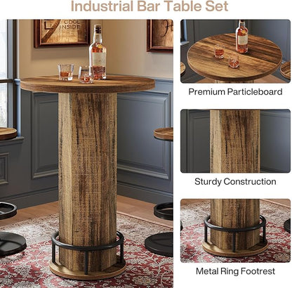 Tribesigns Round Bar Table with Chairs, Industrial Bistro Sets with 2 barstools, Pub Cocktail Table with Metal Ring Footrest for Kitchen Nook, Apartment, Small Space