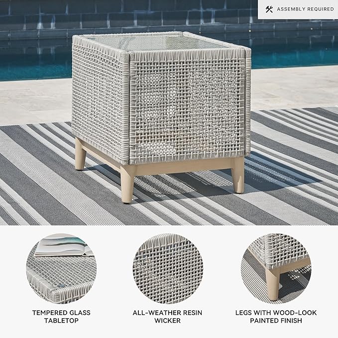 Signature Design by Ashley Seton Creek Contemporary Chic Outdoor All-Weather Resin Wicker End Table with Tempered Glass Tabletop, Gray & Light Brown