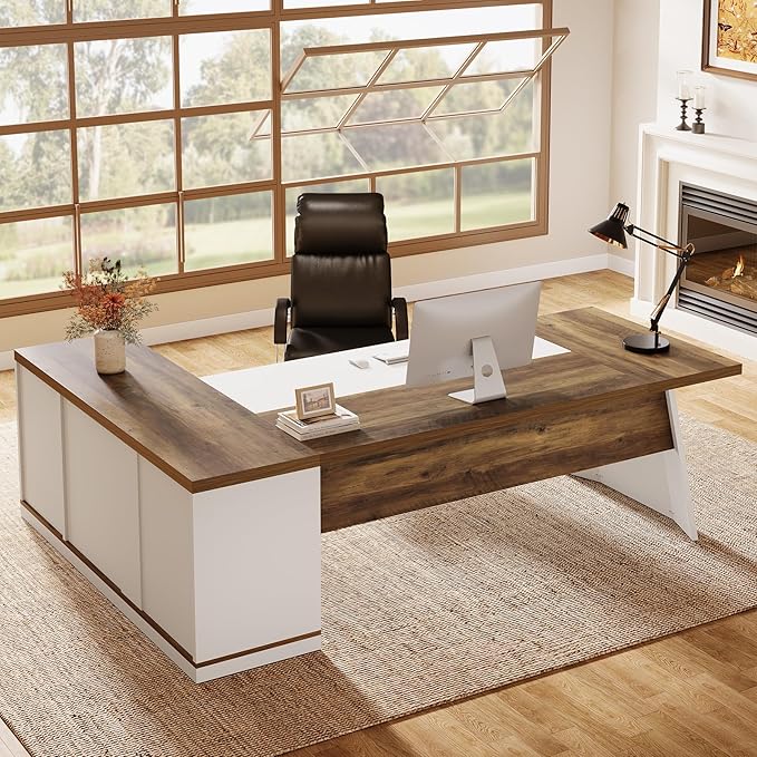 Tribesigns 78.7" L-Shaped Executive Desk, Modern Office Desk with 55.1" Storage Cabinet, Large Computer Table with Drawers and Shelves, Business Furniture Workstation for Home Office, Brown & White