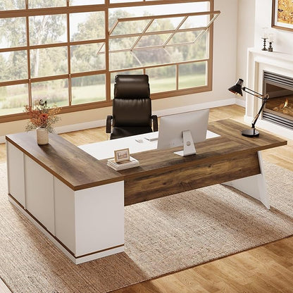 Tribesigns 78.7" L-Shaped Executive Desk, Modern Office Desk with 55.1" Storage Cabinet, Large Computer Table with Drawers and Shelves, Business Furniture Workstation for Home Office, Brown & White