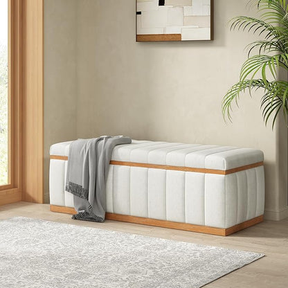 Christopher Knight Home Kira Living Room Ottoman with Storage, Linen Upholstered Storage Ottoman Bench with Channel-Tufted Design, Wood Frame Sofa Foot Stool, Bedroom End of Bed Bench, Beige
