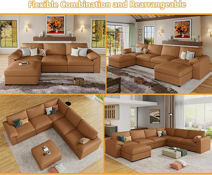 EASE MOOSE Faux Leather Sectional with Ottoman, Oversized Modular Couch, Modular Sectional Sofa with Deep Seat, Scratch Resistant Faux Leather Material, U Shaped Couch for Big Spaces, Brown