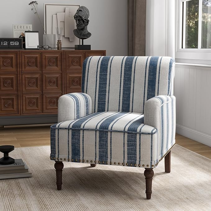 UIXE Stripe Accent Chairs Set of 2, Living Room Arm Chair Modern Nailhead Trim Club Armchair, Comfy Upholstered Sofa Lounge Seat Reading Seat Bedroom Side Seating for Home Office, Dark Blue
