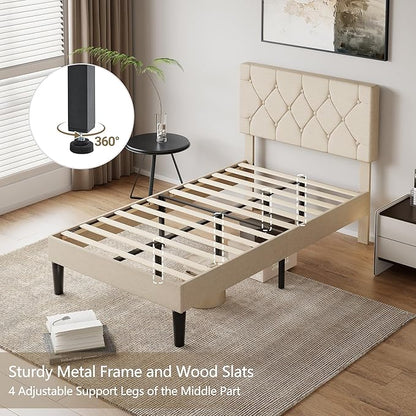 VECELO Twin Size Bed Frame with Button Tufted Headboard, Upholstered Platform Bedframe with Wood Slat Support, No Box Spring Needed, Cream Beige