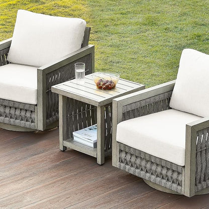 Outdoor Side Table, Aluminum Square Patio Side Table, 2-Tier Rope Weave Outdoor End Table with Adjustable Legs, Outside Furniture Patio Table for Garden, Pool, Balcony, Decks, Gray Oak
