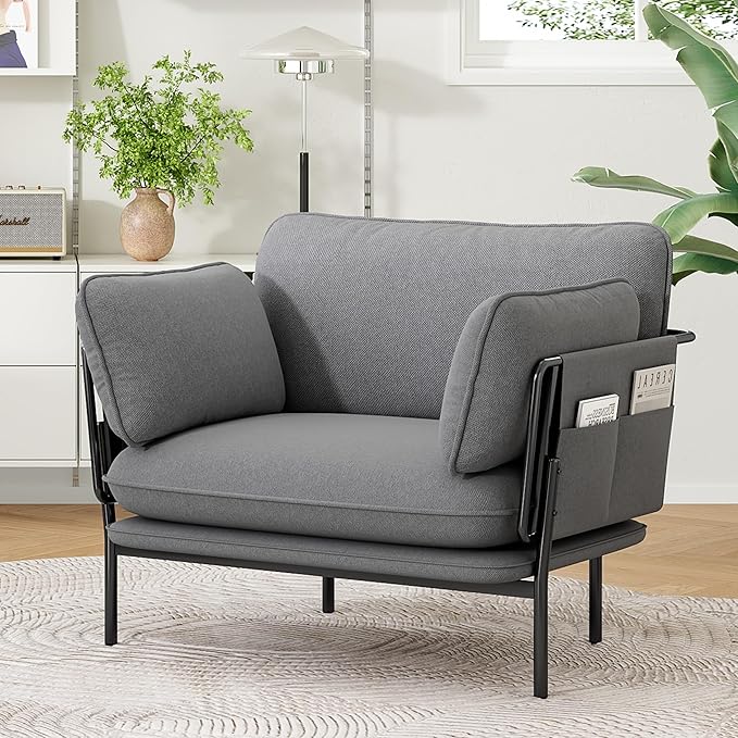 Modern Accent Chair for Living Room, Oversized Reading Chair with Solid Metal Legs, Upholstered Fabric Armchair with Side Pockets and 2 Pillows, Accent Chairs for Bedroom, Nursery, Blue Gray