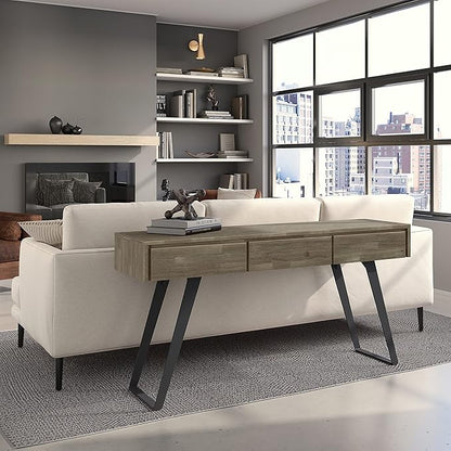 SIMPLIHOME Lowry SOLID ACACIA WOOD and Metal 60 Inch Wide Modern Industrial Console Sofa Table in Distressed Grey, For the Living Room Entryway and Bedroom