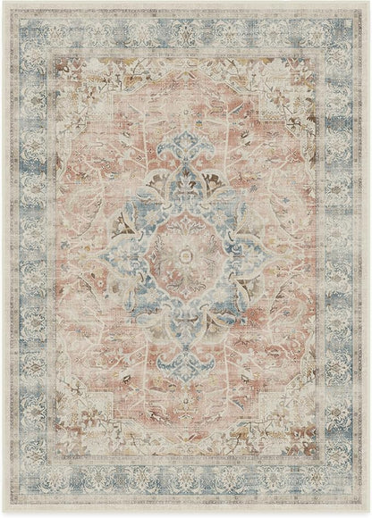 RUGGABLE Washable Vintage Area Rug – Sarrah Coral 10x14, Stain-Resistant, Non-Slip – Large Machine Washable Rugs for Living Room, Bedroom, Hallway, Entryway & Office–with Standard Pad
