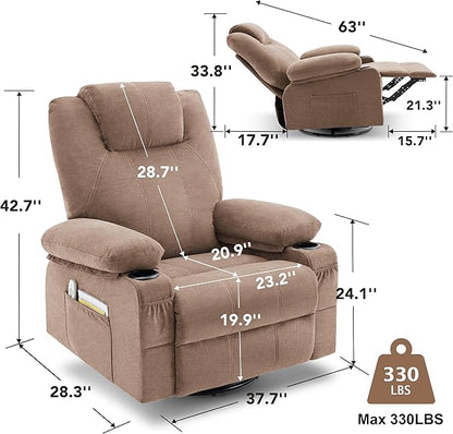 Oversized Swivel Rocker Recliner Chair with Heat and Massage, Large Big Recliner Chair for Living Room, 360 Degree Swivel Rocking Single Sofa with Cup Holders and USB Port(Fabric, Nut Brown)