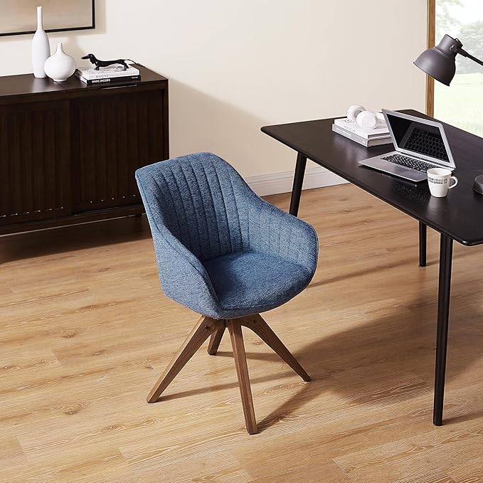 Zouron Mid Century Modern Accent Chair with Wooden Legs, Upholstered Swivel Chair No Wheels, Side Accent Armchair Vanity Chair for Small Space Home Office Living Room Bedroom, Blue