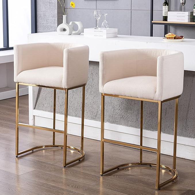 Contemporary Cream Linen Bar Stool, 32" Upholstered Fabric Counter Height Barstool Kitchen Counter Island Stool with Golden Metal Base