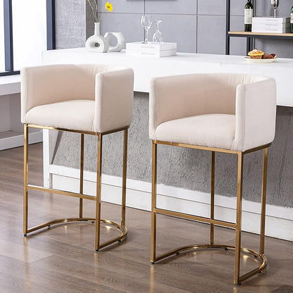 Contemporary Cream Linen Bar Stools Set of 2, 32" Upholstered Fabric Counter Height Barstool Kitchen Counter Island Stools with Golden Metal Base