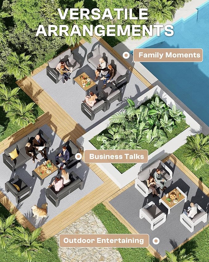 Aluminum Outdoor Patio Furniture Set 5 Piece, Oversized Patio Conversation Sets Widened Armrest & Ultra-Thick Cushions, Deep Seating Modern Sectional Furniture for Backyard, Porch, White