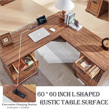 RedLemon 60" Farmhouse L Shaped Executive Desk with Drawers, Wood Home Office Corner Desk with Charging Station, File Drawer, Storage Cabinet, Rustic Computer Writing Desk (Reclaimed Barnwood)