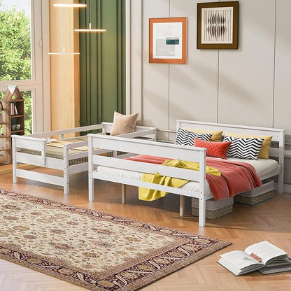 Solid Wood Twin XL Over Queen Bunk Bed with Ladder and Slat Support,Bedroom Detachable Bed Frame w/Easy Assembly & No Box Spring Required,for Kid Adult Boy Girl Teen,White