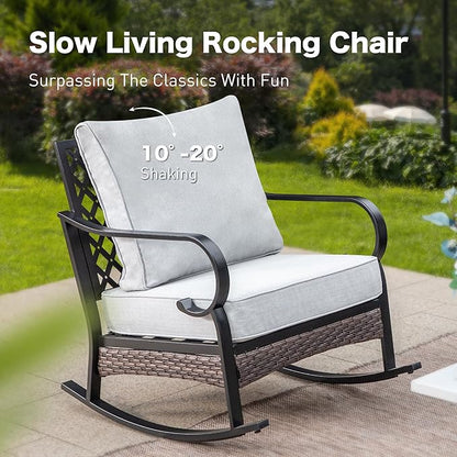 5 Piece Metal Outdoor Patio Furniture Set, Patio Conversation Sets 3-Seater Sofa, 2-Seater Sofa, 2 Rocking Sofa with 5.75" Cushion & Coffee Table Black Backyard Furniture, Light Gray