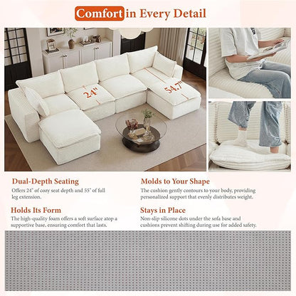 108" Sectional Couches for Living Room Boneless Couch Upholstered Cloud Couch Sectional Modular Sectional Sofa with L Shaped (Corduroy-White, 4 Seat+2 Ottoman)