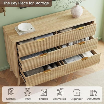 SUNWAVE 6 Drawer Dresser for Bedroom, 49.6" Wide Modern Fluted Dresser with Round Corner, Wood Chest of Drawers for Living Room