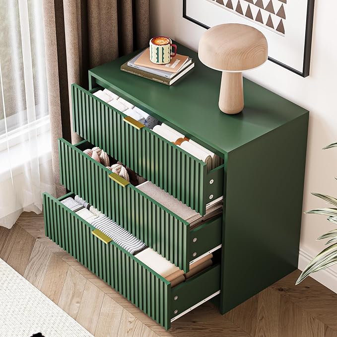 3-Piece Dresser Bedroom Set, 7 Drawer Dresser & 3 Drawer Nightstands with Gold Handles, Fluted Wood Chest of Drawers for Bedroom, Living Room, Entryway, Green