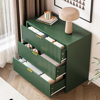 3-Piece Dresser Bedroom Set, 7 Drawer Dresser & 3 Drawer Nightstands with Gold Handles, Fluted Wood Chest of Drawers for Bedroom, Living Room, Entryway, Green