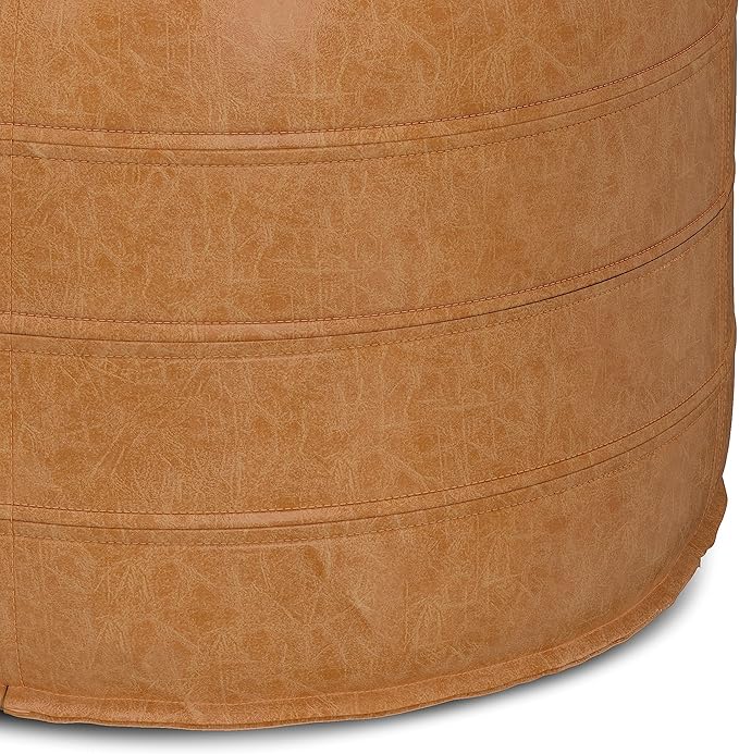 SIMPLIHOME Brody Boho Round Pouf in Distressed Brown Vegan Faux Leather for the Living Room, Bedroom and Kids Room