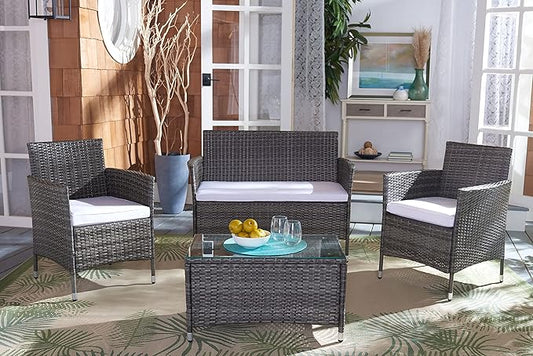 SAFAVIEH Outdoor Collection Bandele Grey Brown/White Cushion 4-Piece Conversation Patio Set PAT7506C