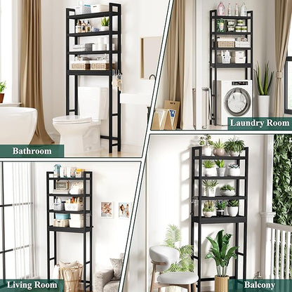 Smiry Over The Toilet Storage Cabinet, 4-Tier Bamboo Bathroom Organizers with Adjustable Shelf & 4 Hooks, Space Saving Shelf Rack for Bathrooms, Laundry Room, Balcony, Black