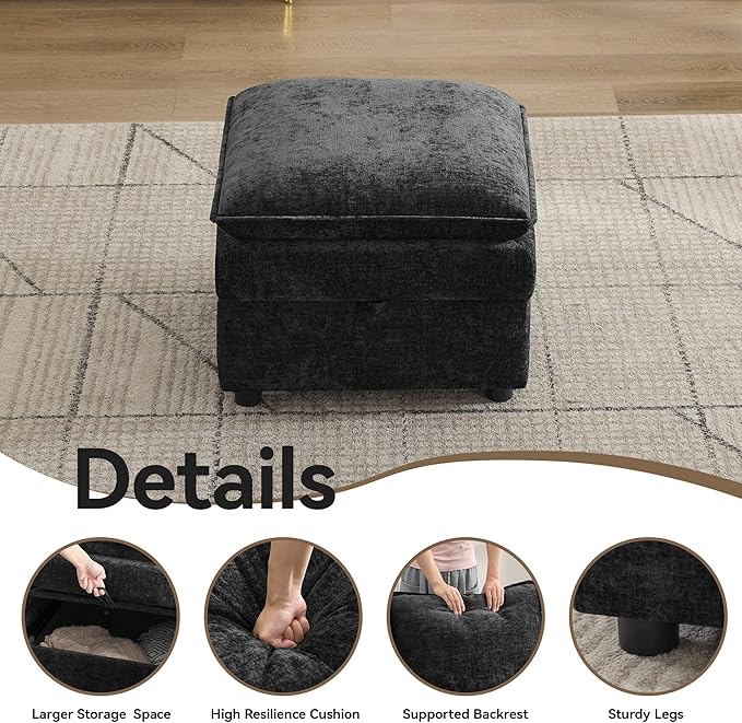 27" Large Square Ottoman with Storage, Modern Upholstered Footrest with Anti-Slip Legs for Couch Coffee Table Living Room, Bedroom, Entryway, Chenille Black