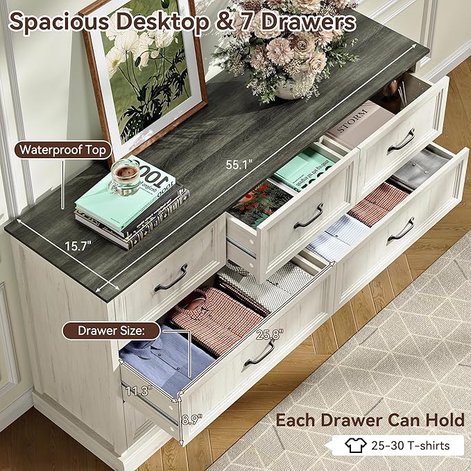 Farmhouse Dresser and Nightstand Sets, 4Pcs Bedroom Furniture Set, Nightstand Set of 2 & 55" Wide 7 Drawer and 44" Tall 5 Drawer Dresser with Large Drawers & Bar Handles, White