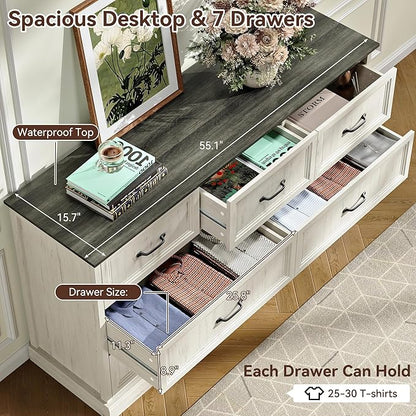 Farmhouse Dresser and Nightstand Sets, 4Pcs Bedroom Furniture Set, Nightstand Set of 2 & 55" Wide 7 Drawer and 44" Tall 5 Drawer Dresser with Large Drawers & Bar Handles, White