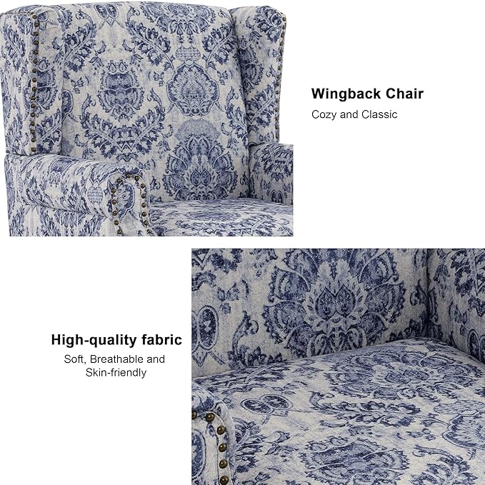 Accent Chair, Upholstered High Back Floral Armchair with Nailhead Trim & Wood Legs, Comfy Wingback Reading Single Sofa Chair for Small Spaces, Living Room, Bedroom ( Navy Blue Floral, Set of 1)