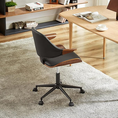Art Leon Swivel Desk Chair, Mid Century Modern Office Chair with Wheels, Faux Leather Upholstered Arm Chair, Adjustable Height Task Chair with Metal Base, Black