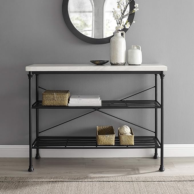 Crosley Furniture Madeleine Sofa Console Table with Storage Shelves for Hall, Entryway, or Living Room, Steel with Faux Marble Top