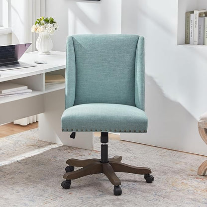 Armless Office Chair with Wooden Legs, Modern Adjustable Upholstered Home Office Desk Chair No Arms Sewing Chair Swivel Chair for Home Office Study Studio (Teal)