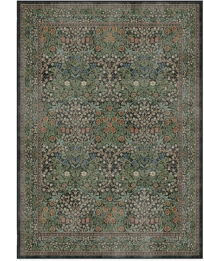 RUGGABLE x Morris & Co Washable Area Rug– Blackthorn Forest Green 5x7, Stain-Resistant, Non-Slip – Medium Machine Washable Rugs for Living Room, Bedroom, Hallway, Entryway & Office–with Cushioned Pad