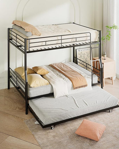 Full XL Over Queen Bunk Bed with Trundle, Heavy-Duty Queen Bunk Bed with with Safety Ladder and Full-Length Guardrail, Convertible to 3 Beds for Teens and Adults, Black