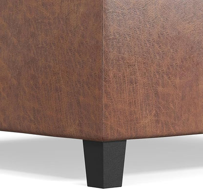 SIMPLIHOME Ellis 36 inch Wide Contemporary Square Coffee Table Storage Ottoman in Distressed Saddle Brown Vegan Faux Leather, Assembled, For the Living Room and Bedroom