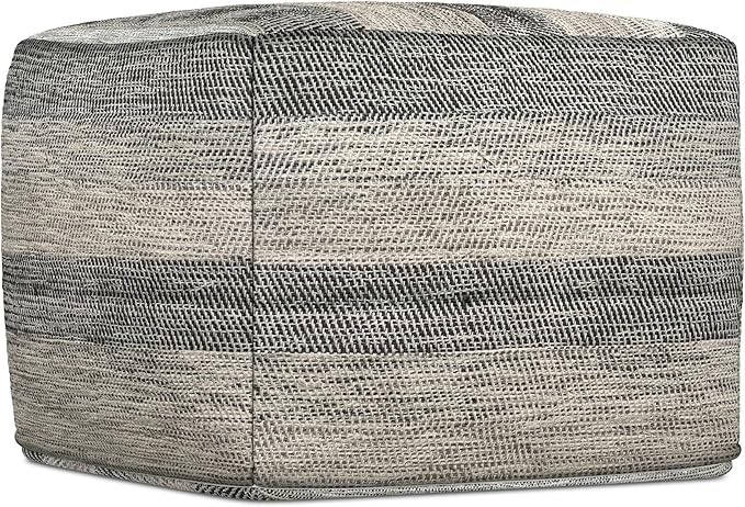 SIMPLIHOME Clay Boho Square Pouf in Grey Melange Cotton for the Living Room, Bedroom and Kids Room