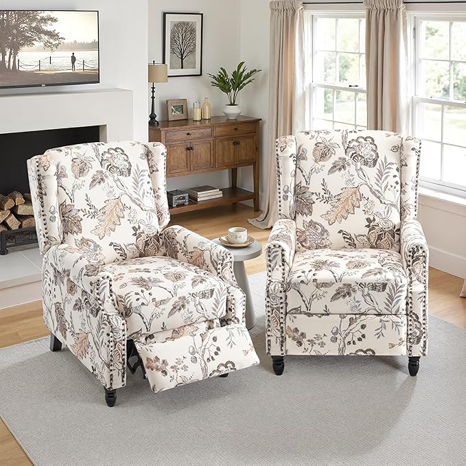 Pushback Recliner Chair Set of 2, Floral Fabric Wingback Recliner Chair, Upholstered Armchair Push Back Recliner, Rivet Trim Single Sofa Accent Chair with Wood Legs for Living Room, Plants Beige