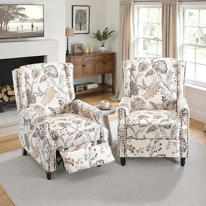 Pushback Recliner Chair Set of 2, Floral Fabric Wingback Recliner Chair, Upholstered Armchair Push Back Recliner, Rivet Trim Single Sofa Accent Chair with Wood Legs for Living Room, Plants Beige