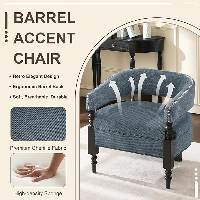 LOULENS Barrel Accent Chair for Living Room | Vintage Linen Upholstered Lounge Chair with with Solid Wood Legs, Armchair for Bedroom, Reception Room & Reading Nook, Blue