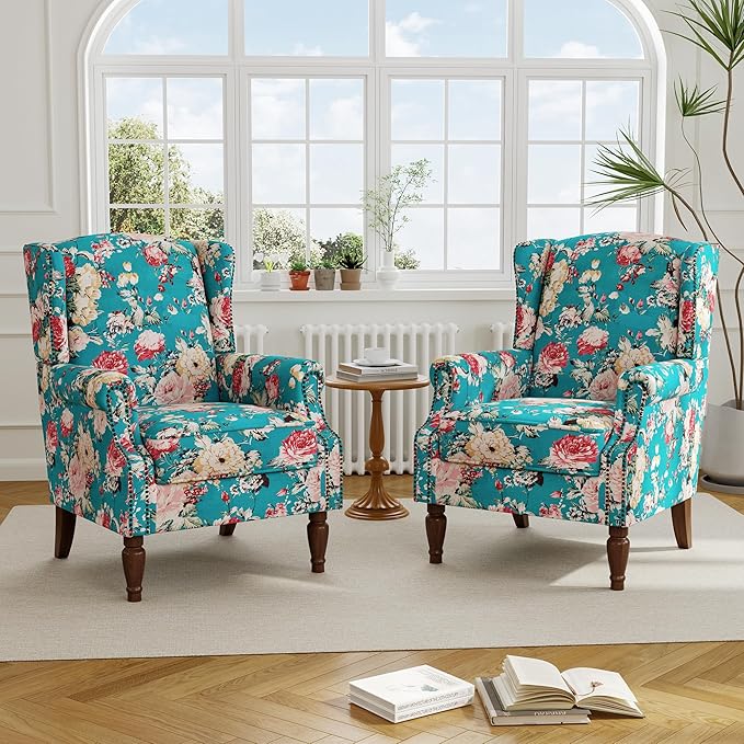 Accent Chair, Upholstered High Back Floral Armchair with Nailhead Trim & Wood Legs, Comfy Wingback Reading Single Sofa Chair for Small Spaces, Living Room, Bedroom ( Peacock Blue Floral, Set of 1)