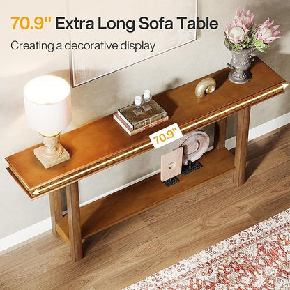 Tribesigns 70.9-Inch Extra Long Console Table, Solid Wood Sofa Table Behind Couch Narrow Long, 2-Tier Entryway Accent Table with Storage for Living Room, Hallway, Entrance, Foyer, Rustic Brown