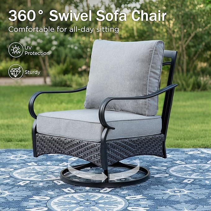 PHI VILLA Patio Furniture Set with 56" Fire Pit Table, Premium Outdoor Wicker Metal Frame Furniture with Upgraded Waterproof Thick Cushions for Porch, Poolside, Deck, and Yard （5 Pieces, Grey