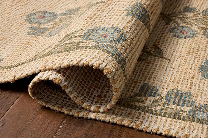 Loloi Chris Loves Julia Rue Collection RUE-04 Moss/Blue 8'-6" x 11'-6" Area Rug Jute Neutral Floral Living Room Bedroom Rug